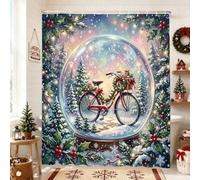 Winter Snow Globe Bicycles Theme Christmas Shower Curtain 72x72 Inch | Vintage Bicycles Illustration, Snowy Evergreen Forest, Holly Berry Accents, Winter Wonderland Theme
