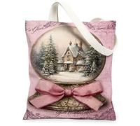 Winter Snow Globe Canvas Tote Bags, Vintage House Design Reusable Grocery Bags, Elegant Lightweight Washable Shoulder Strap, Peach, 13x15 Inch