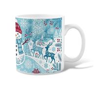 Winter Snow Man And Reindeer Art Ceramic Coffee Mug 11oz | Snowflake Motif, Tea Cup, Reindeer Illustration, Pine Branch Detail, Cozy Winter Vibe, Seasonal Kitchen Decor