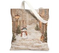 Winter Snow Man Canvas Tote Bags, Festive Holiday Scene Reusable Bags, Cozy Linen Lightweight Washable Shoulder Strap for T, Beige, 13x15 Inch