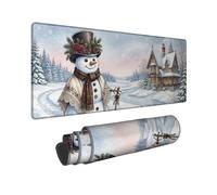Winter Snow Man Cottage Illustration Large Mouse Pad 12x32 Inch | Winter Landscape, Keyboard Mat, Victorian Cottage, Snow-covered Pines, Traditional Seasonal Motif, Detailed Illustration