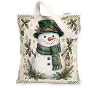 Winter Snow Man Festive Illustration Christmas Canvas Tote Bag 13x15 Inch | Green Knitted Scarf, Pinecones Accents, Vintage Lantern, Holly Leaves, Winter Botanical Motifs