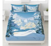 Winter Snow Mountain Double Size Fitted Sheets - 30 cm Deep, Serene Mountain Pine Tree Forest Bedding Set, Soft Brushed Microfiber Fade Resistant Breathable Bed Sheet 135 x 190 cm