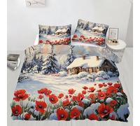 Winter Snow Scene Bedding Set King Snow Mountain House Duvet Cover with 2 Shams Rural Oil Painting Soft Lightweight, Easy Care for Adults Guest Rooms (220x230cm)