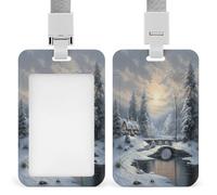 Winter Snow Scene ID Badge Holder with Lanyard Vertical Plastic Card Case Protector Pouch with Clear Window Detachable Name Tag Clips for Nurse Doctor Teacher Office Use