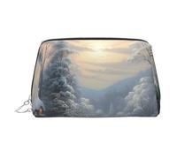 Winter Snow Scene Makeup Bag for Women Cosmetic Bags Leather Travel Makeup Case Organizer Waterproof Make up Pouch Open Flat Toiletry Bag Portable Storage Pouch for Travelling, Silver, One Size