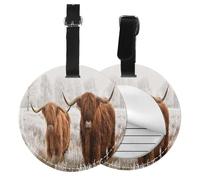 Winter Snow Scottish Highland Cow,Luggage Tags Pu Leather Name Tag Travel Suitcase Identifier ID Tags Durable Baggage Label 2 pcs