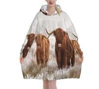 Winter Snow Scottish Highland Cow Oversized Women's Wearable Blanket Hoodie, Flannel Pullover Blanket, Blanket Sweatshirt