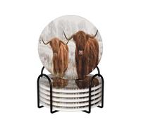 Winter Snow Scottish Highland Cow,Round Ceramic Coasters, Mugs Pad, Cups Mat Set of 6 Drinks Coasters With Holder