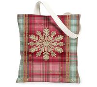 Winter Snowflake Canvas Tote Bags, Festive Plaid Design Reusable Shopping Bags, Lightweight Washable Shoulder Strap Canvas, Red, 13x15 Inch