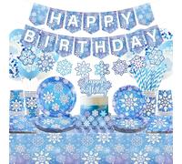 Winter Snowflake Party Decorations, Including Happy Birthday Banner, Cake Toppers, Tableware, Tablecloth Balloons for Snowflake Winter Wonderland Party, Serves 20