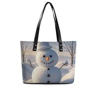 Winter Snowman Leather Tote Bag for Women Work Shoulder Purses with Zipper Waterproof Large Computer Shoulder Bag Fashion Ladies Shoulder Handbag Reusable Shopping Bags