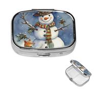 Winter Snowman Pill Box 2 Compartment Square Portable Pill Case for Pocket or Purse Small Weekly Medicine Planner Travel Pillbox with Mirror Decorative Metal Vitamin Holder Gifts