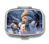 Winter Snowman Pill Box 2 Compartments Portable Travel Pill Case Mini Medicine Organizer for Pocket Purse Metal Waterproof Medicine Container Holder Vitamin Fish Oil