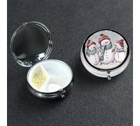 Winter Snowman Pill Box 3 Compartment Round Portable Pill Case for Pocket or Purse Pill Holder Weekly Pill Organizer Decorative Metal Medicine Vitamin Organizer Travel Gift
