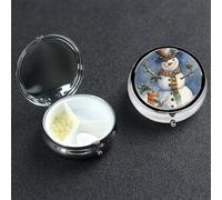 Winter Snowman Pill Box 3 Compartment Round Portable Pill Case for Pocket or Purse Small Weekly Medicine Planner Travel Pillbox with Mirror Decorative Metal Vitamin Holder Gifts