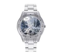 Winter Snowy Scene Men’s Business Watch Analog Quartz Wristwatch Stainless Steel for Office