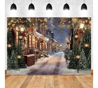 Winter Snowy Street Christmas Night Background Photography Houses Shops Christmas Trees Kids Family Party Decor Backdrop Props