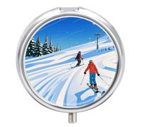Winter Sports Ski Theme Pill Box Waterproof Portable Medicine Pill Case Moisture Proof Metal Travel Pill Box with 3 Compartment Medicine Case