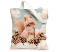Winter Squirrel Canvas Tote Bags, Adorable Animal Pattern Reusable Grocery Bags, Lightweight Washable Shoulder Strap Canvas for Gym Outdoor Travel Beach Picnic 13x15 Inch
