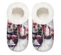 Winter Steam Train House Slippers for Women Men, Christmas Snowflake Memory Foam House Shoes Comfy Anti-Slip Slipper Socks for Indoor Bedroom, Sizes 9-10.5