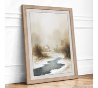 Winter Stream in Silence Scandinavian Framed Wall Art Print A1 (84.1×59.4cm) Oak, Wall Decor for Living Room, Bedroom, Office & Home, Ready to Hang, Art Gift