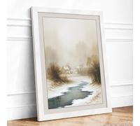 Winter Stream in Silence Scandinavian Framed Wall Art Print A4 (29.7×21cm) White, Wall Decor for Living Room, Bedroom, Office & Home, Ready to Hang, Art Gift