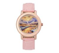 Winter Sunset Watch for Women Pink Leather Strap Ladies Watches Round Case Three-Hand Wrist Watch