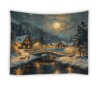 Winter Tapestry Rustic Cabin Deer Misty Snowy Forest Pine Tree Mountain Full Moon Snowflake River Merry Christmas Tapestries Wall Hanging for Bedroom Living Room Dorm Background Cloth,60Wx51LInch