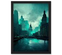 Winter Teal New York Hudson River Cityscape Artwork Framed Wall Art Print A4 Artery8 Black One Size