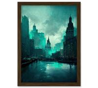 Winter Teal New York Hudson River Cityscape Artwork Framed Wall Art Print A4 Artery8 Brown One Size
