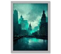 Winter Teal New York Hudson River Cityscape Artwork Framed Wall Art Print A4 Artery8 Light Grey One Size