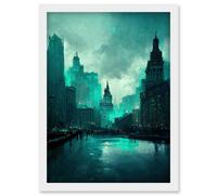 Winter Teal New York Hudson River Cityscape Artwork Framed Wall Art Print A4 Artery8 White One Size