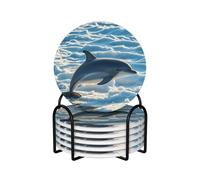 Winter The Dolphin Coasters for Drinks,Absorbent Ceramic Coasters Set of 6 with Cork Base,Funny Cup Beverage Coaster with Holder Drink Coaster Cup Mat Pad for Tabletop Protection