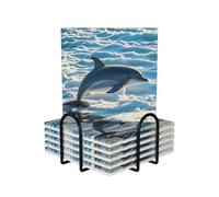 Winter The Dolphin Coasters for Drinks,Absorbent Ceramic Coasters Set of 6 with Cork Base,Funny Cup Beverage Coaster with Holder Drink Coaster Cup Mat Pad for Tabletop Protection