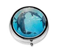Winter The Dolphin Print Pill Box Purse Small Round Pill Case Decorative Box Metal Medicine Vitamin Pill Organizer for Pocket Or Purse