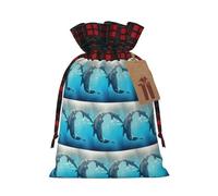 Winter The Dolphin Printing Color Matching Plaid Drawstring Christmas Bag With Kraft Tag 4.7x6.9 In For Halloween