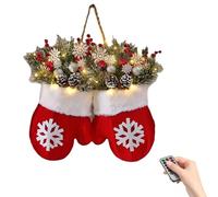 Winter Themed LED Lighted Christmas Mitten Wreath Easy Hanging With Faux Berries Pinecones Holiday Homes Door Decors Winter Themed Front Door Wreath Decors
