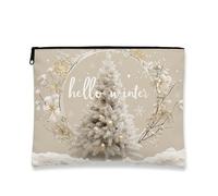 Winter Themed Makeup Bag, Snowy Tree and Floral Print Cosmetic Pouch for Women, Portable Small Canvas Zipper Organizer, Holiday Travel Toiletry Bag, White, 7x9 Inch, Tree