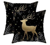 Winter Throw Pillow Covers Set of 2, Black Gold Reindeer Decorative Cushion Covers, Holiday Farmhouse Decor for Home Sofa Bed Couch 16x16 Inch