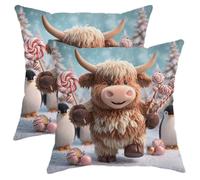 Winter Throw Pillow Covers Set of 2, Cute Highland Cow and Penguins Design Cushion Cases, Festive Decorative Square Covers for Home Sofa Bed Couch 12x12 Inch