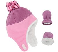 Winter Toddler Hat Mittens Set Fleece Hat Warm Long Earflap Kids Caps Lined Toddler Gloves Trapper Hat Pom Beanie Cap with Circle Loop Scarf for Infant Kids Boys Girls Pink