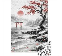 Winter Torii Gate And Cherry Blossoms Adult Jigsaw Puzzle, 1000 Pieces, 52x38cm/1000pcs, White Card Pieces for Cleaner Handling; A Calm After-work Activity