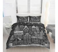 Winter Town Duvet Cover Single Size, Star Snowflake Print Bedding Set, Soft Microfiber Black White Comforter Cover with 1 Pillowcase, with Zipper Closure & Corner Ties C121j