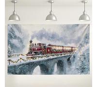 Winter Train Scene Backdrop, Vintage Red Locomotive Snowy Landscape Decorations, Holiday Photography Background for Christmas Parties & Events 71x43 Inch