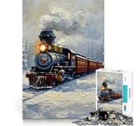 Winter Train Through Snowy Forest Painting Jigsaw Puzzle1000 Pieces Mind Train Fun Clean Cut Sturdy Components Captivating Leisure for Cozy Indoors (38x26cm)