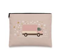 Winter Truck Makeup Bag, Peach Vehicle Snowflake Cosmetic Travel Pouch for Women, Portable Small Canvas Zipper Organizer, Holiday Skincare Toiletry Bag, Peach, 7x9 Inch, Truck