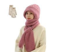 Winter Versatile Knitted Hooded Scarf for Women, Integrated Ear Protection Windproof Cap Scarf, Hat Scarf Warm Windproof Fleece Cycling Protection Ear Cap (UK, Alpha, One Size, Pink)