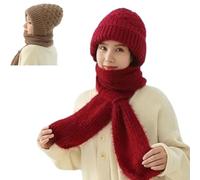 Winter Versatile Knitted Hooded Scarf,Womens Integrated Ear Protection Windproof Hat,Thickened Fleece Lined Warm Beanie Hats (UK, Alpha, One Size, Red)