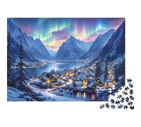 Winter Village Aurora 1000 Piece Jigsaw Puzzle for Adults, Cardboard, Aurora over Snowy Town, Educational Family Puzzle, Develops Patience & Problem-Solving Skills 52x38cm/1000pcs